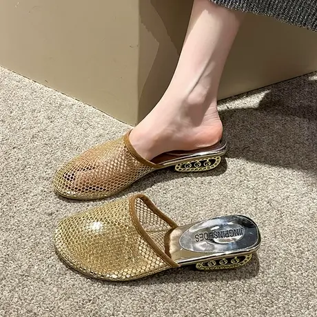 包头拖鞋女夏中跟时尚外穿韩版简约防滑懒人凉拖镂空透气网纱女鞋图片