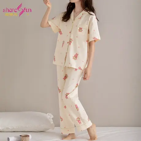 sharefun/霞黛芳【纯棉开衫家居服】短袖长裤可外穿慵懒睡衣套装图片