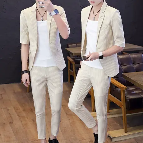 夏天薄款发型师潮流西服男士韩版修身单西夜场中袖帅气小西装套装图片