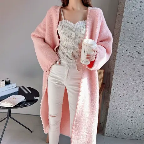 粉红大布娃娃订珠仿貂绒针织开衫2022早春中长款慵懒风宽松外套女商品大图