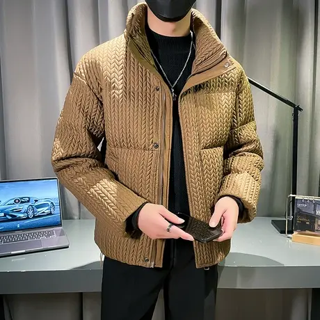 羽绒服男冬季2023新款纯色麦穗格高级轻熟风立领加厚潮牌羽绒外套图片