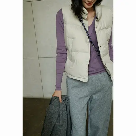 2023冬季新款立领无袖单排扣白鸭绒时尚休闲保暖轻盈羽绒马甲女图片