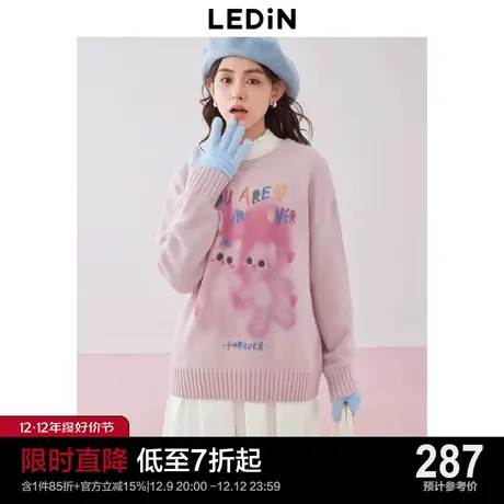 乐町甜美猫咪印花圆领针织衫23年冬季新款宽松慵懒风粉色套头毛衣商品大图