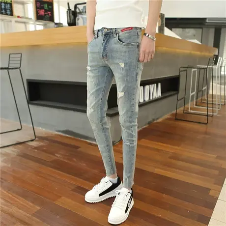 2023夏季牛仔裤男潮牌小脚男士九分裤韩版潮流百搭休闲破洞裤子男商品大图