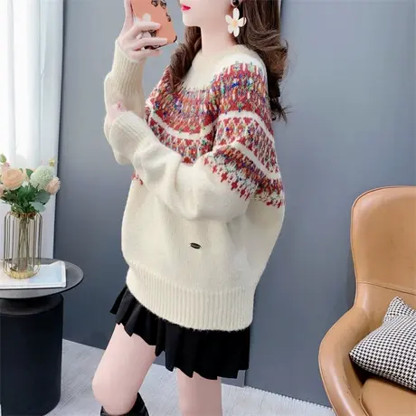 圣诞氛围感加厚圆领毛衣女秋冬2023新款宽松软糯长袖打底针织上衣商品大图