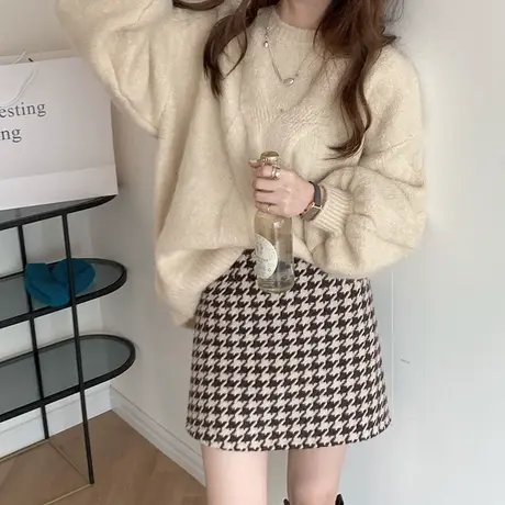 千鸟格半身裙女2024春季新款洋气高腰百搭a字短裙显瘦包臀一步裙图片