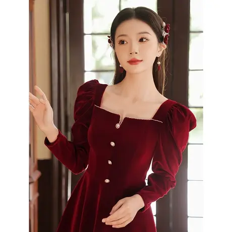 长袖敬酒服新娘冬季小个子订婚礼服连衣裙结婚回门便装方领中长款商品大图