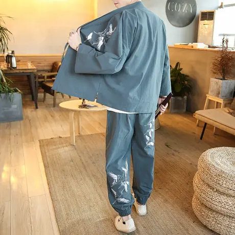 棉麻汉服男套装宽松禅服中国风仙鹤刺绣亚麻外套佛系男装唐装道袍图片