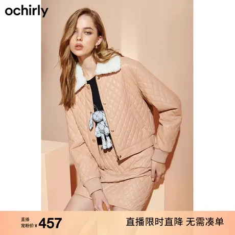 【直播专享】欧时力仿毛领PU皮棉衣外套春装菱格气质休闲图片