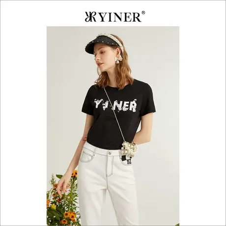 YINER音儿女装2022夏季薄款上衣女黑色短袖针织衫商品大图