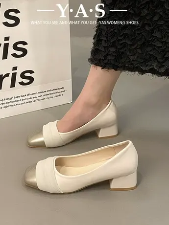 高跟鞋女中跟春秋季女鞋新款一脚蹬小香风法式气质名媛粗跟单鞋子图片