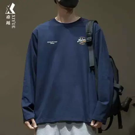 希越藏青色长袖T恤男2024春季美式重磅260g男士宽松大码内搭上衣图片