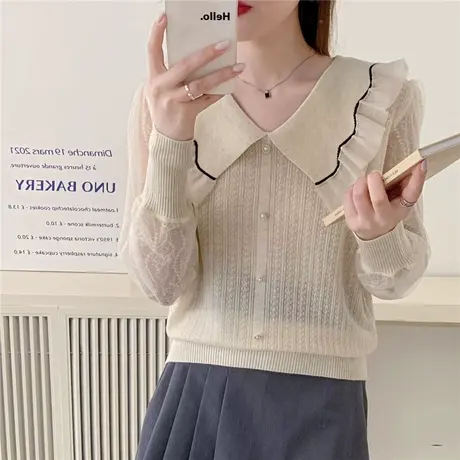 娃娃领短款长袖针织衫上衣女装2024年早春季新款蕾丝袖内搭打底衫图片