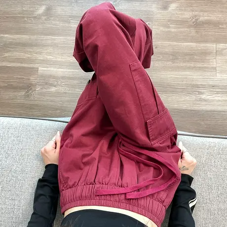 酒红色工装裤女春秋季新款高腰显瘦宽松阔腿小个子直筒抽绳运动裤图片