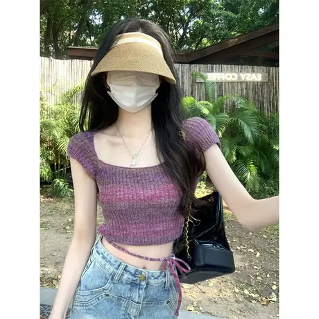 方领绑带设计感短袖t恤女夏季小众修身显瘦纯欲风甜辣妹短款上衣商品大图