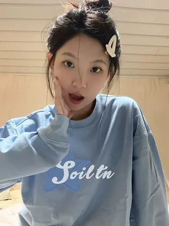 圆领卫衣女2024春秋薄款小众设计感宽松慵懒风潮牌落肩无帽上衣商品大图