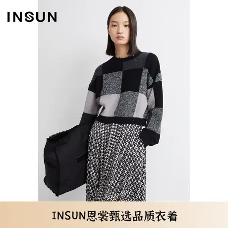 INSUN恩裳夏季纯羊毛格纹撞色毛针织衫图片