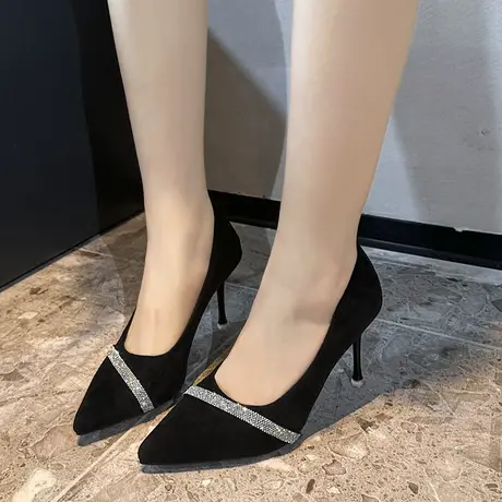 黑色尖头浅口单鞋女2024春夏季新款时尚百搭细跟职业鞋绒面高跟鞋图片