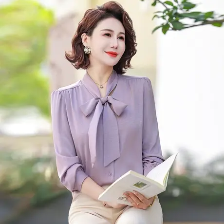 年轻妈妈春装高级感蝴蝶结通勤缎面女士长袖雪纺衬衫上衣法式衬衣商品大图