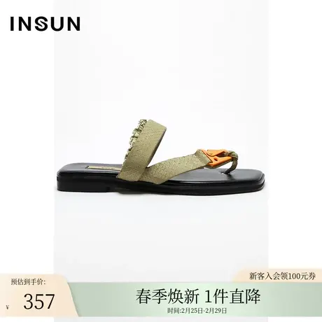 INSUN恩裳夏季撞色扣平底方头拖鞋图片