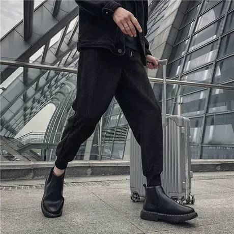 21秋冬新款男士小脚休闲裤纯色灯芯绒束脚九分裤精神小伙哈伦卫裤商品大图