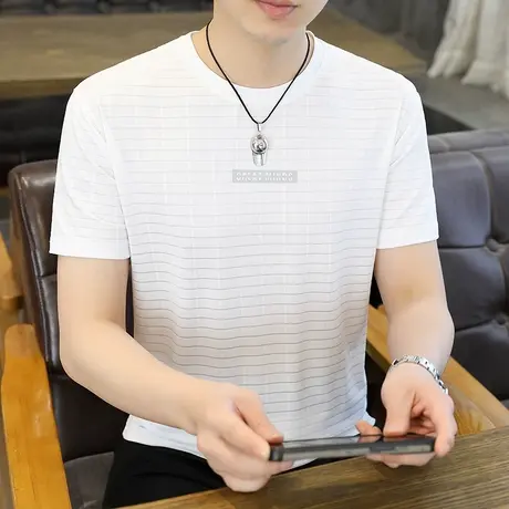 男士短袖T恤夏装冰丝上衣青少年半袖条纹汗衫夏季休闲卫衣潮男装商品大图