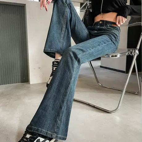 复古微喇叭牛仔裤女春秋新款高腰显瘦修身弹力拖地长裤马蹄喇叭裤商品大图