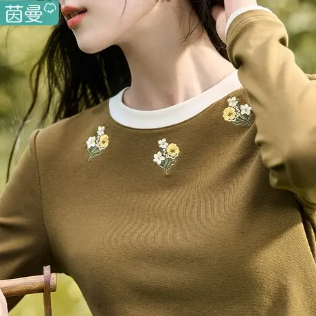 茵曼官方旗舰店圆领修身长袖T恤打底衫2024新款女装上衣刺绣春秋图片