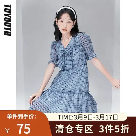 TOYOUTH初语连衣裙女夏季新款欧根纱显白雾蓝格子连衣裙图片