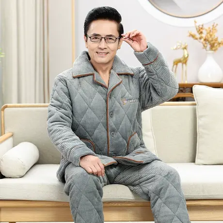 婷美冬季睡衣男加绒三层夹棉中老年爸爸保暖珊瑚绒家居服冬款套装商品大图
