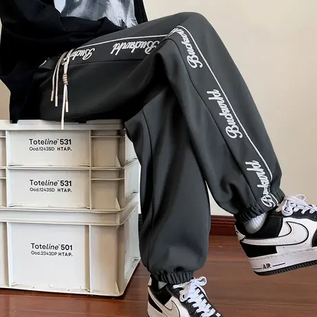 2023潮流侧边字母印花休闲长裤男ins秋季新款抽绳束腰阔腿小脚裤商品大图