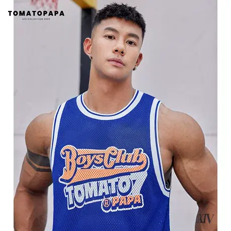TOMATOPAPA网面背心男圆领潮复古印花透气排汗运动健身少年学生衣商品大图