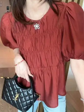 法式短袖上衣女显瘦遮肚子小衫2023夏季新款小个字短款设计感衬衫商品大图