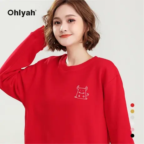 Ohlyah品牌卫衣女2023新款情侣装红色圆领纯棉上衣学生工作服定制图片
