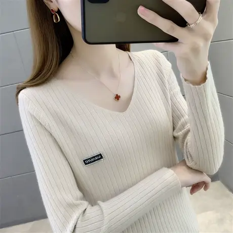 纯色针织打底衫女内搭春装2023新款V领长袖洋气百搭修身毛衣上衣商品大图