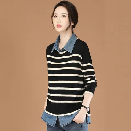 韩潮袭人假两件中长款条纹套头针织衫女2023秋新款牛仔POLO领毛衣商品大图