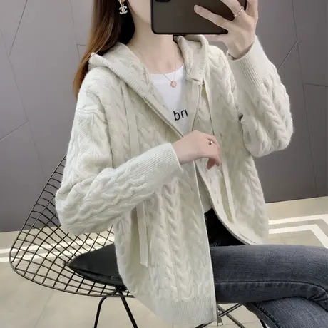 连帽麻花针织开衫女2023春装新款宽松慵懒风外穿上衣加厚毛衣外套图片