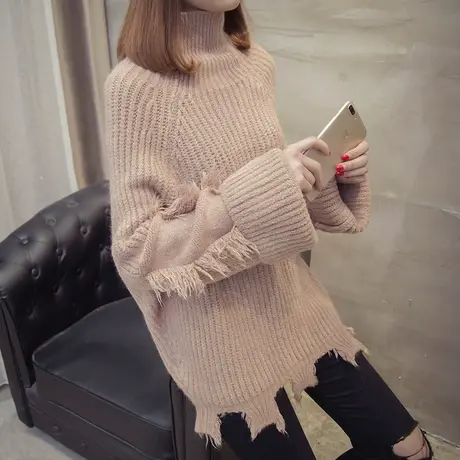 秋冬新款潮高领套头毛衣女加厚冬时尚宽松慵懒风磨破外穿毛衣图片