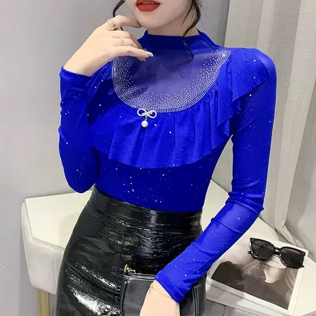 半高领打底衫女长袖2023春季新款网纱荷叶边T恤烫钻设计感上衣ins商品大图