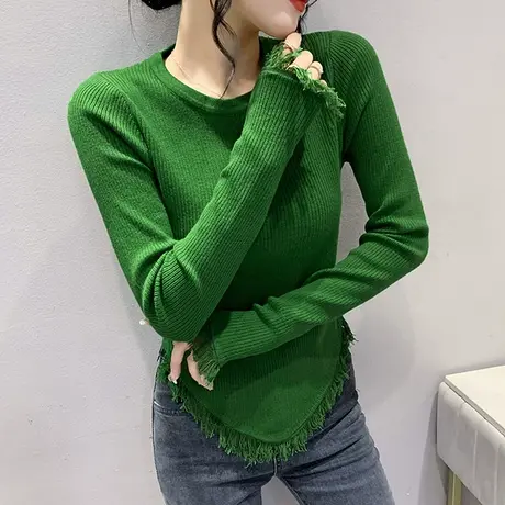 设计感流苏针织衫女春秋2023新款不规则下摆上衣百搭纯色打底毛衣图片