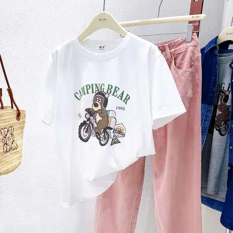 韩国东大门纯棉tee~2023春夏新款ins骑车小熊印花高级感短袖打底商品大图