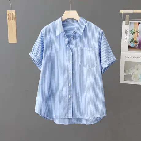夏装新款短袖条纹衬衫女简约百搭宽松显瘦休闲polo领衬衣半袖上衣商品大图