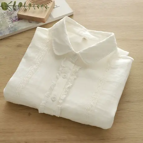 春秋日系文艺小清新蕾丝花边双层棉纱白色长袖衬衫女学生打底上衣图片