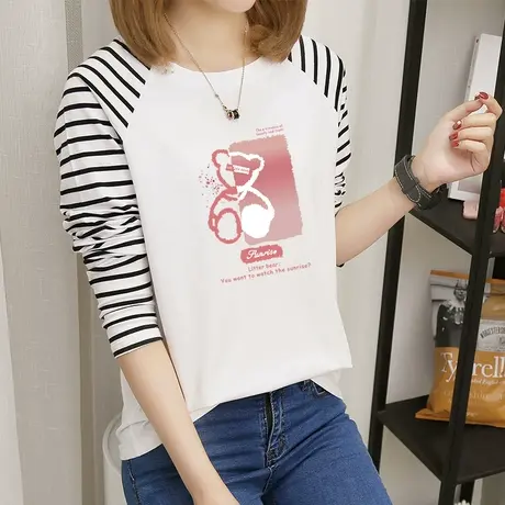 长袖t恤女宽松纯棉打底衫潮2022年新款外穿韩版小衫学生小熊上衣商品大图