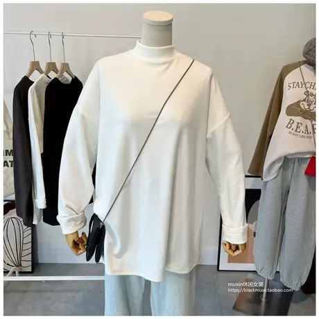 半高领双面绒宽松中长款长袖加厚打底衫 卫衣伴侣叠穿百搭T恤女图片