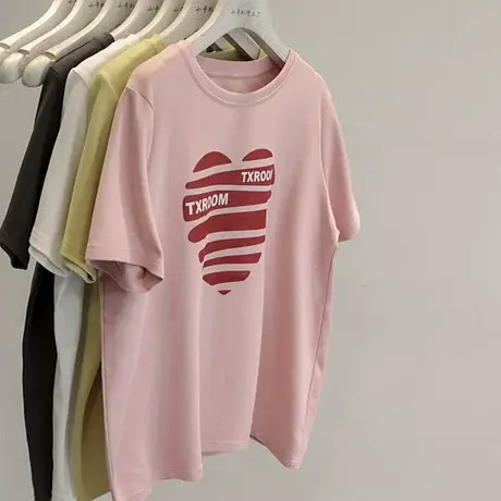 细节品质！做工精湛~2023新款爱心字母印花正肩圆领短袖T恤打底衫商品大图