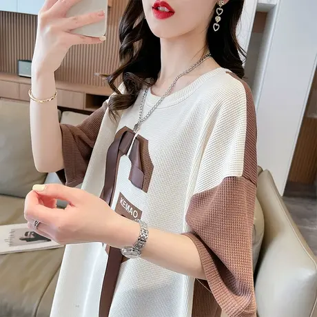 小众设计感短袖t恤女夏装韩版宽松大码中长款华夫格拼色百搭上衣图片