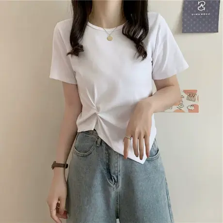 2023年春夏季新款女装别致上衣潮设计感小众短款薄款白色短袖t恤商品大图