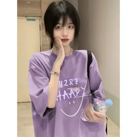 纯棉设计感小众短袖t恤女夏季港风chic宽松半袖休闲上衣洋气减龄商品大图