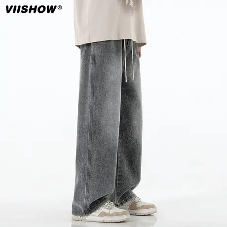 VIISHOW春秋季牛仔裤男ins阔腿休闲松紧腰宽松高街系绳直筒长裤图片